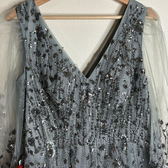 Mac Duggal EMBELLISHED V NECK LONG SLEEVE A LINE GOWN in platinum blue size 12 - Picture 7 of 16